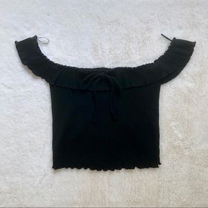 Bershka Black Off-the-Shoulder Lettuce-Edge Top